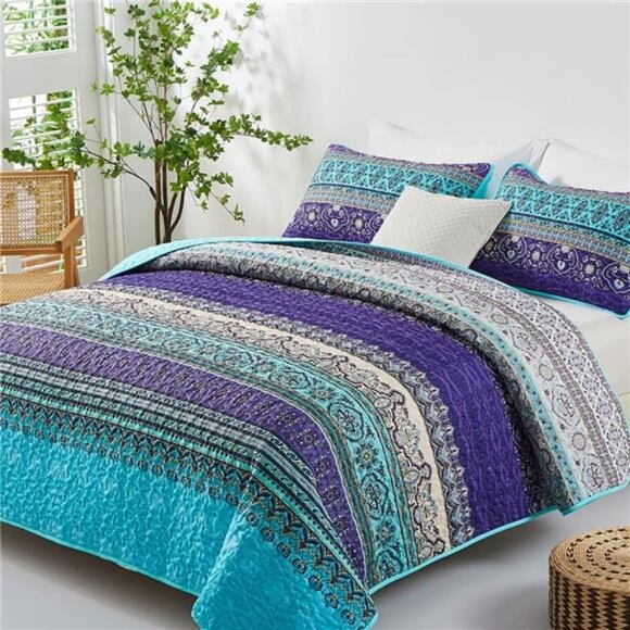 Boho Queen Quilt Set, Blue Purple Bohemian Queen Quilt Bedding - Picture 2 of 7